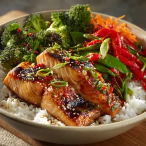 Delicious teriyaki salmon bowl garnished with sesame seeds and green onions.