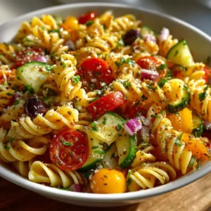Colorful pasta salad with vegetables and Italian dressing in a bowl