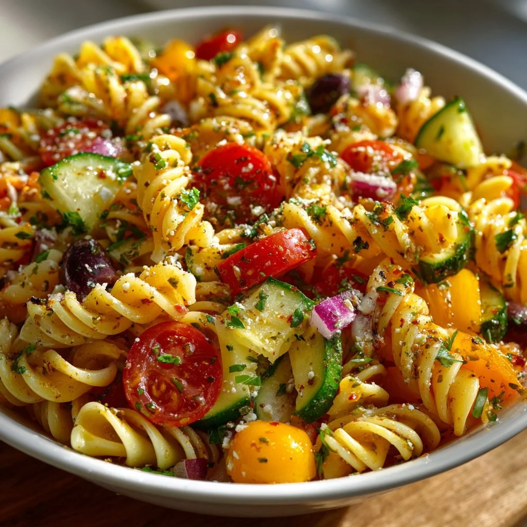 Colorful pasta salad with vegetables and Italian dressing in a bowl