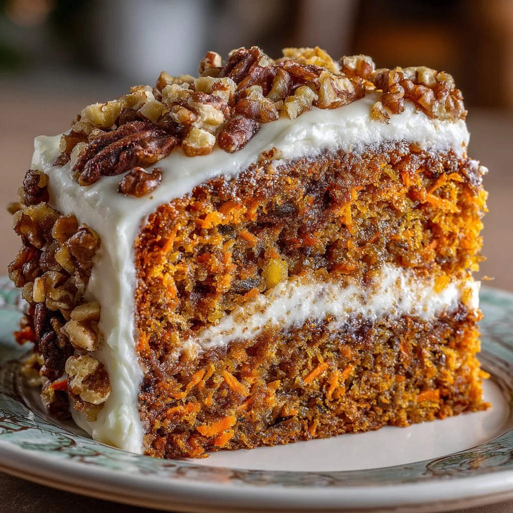 Delicious homemade carrot cake topped with cream cheese frosting