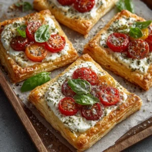 Savory tomato tartlets made with flaky puff pastry, garnished and ready to serve.