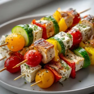 Turkey Cheese Kabobs grilled with colorful vegetables and served on skewers