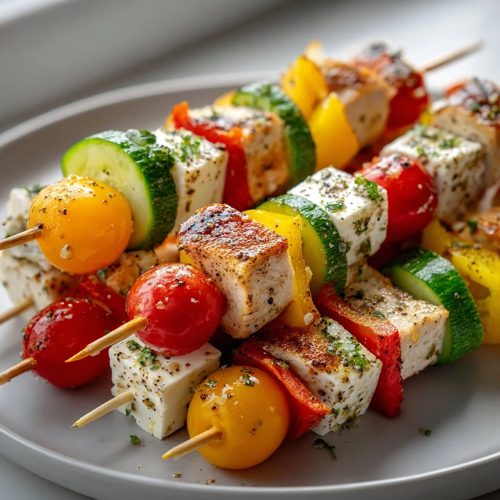 Turkey Cheese Kabobs grilled with colorful vegetables and served on skewers