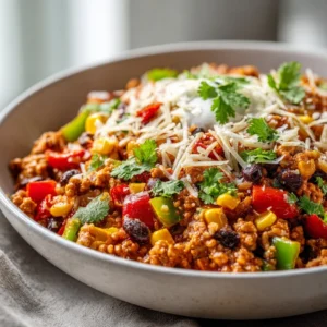 Turkey Taco Skillet with colorful vegetables and spices