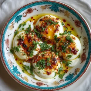 Turkish poached eggs served on yogurt with spices and herbs