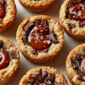 Delicious Twix Cookie Cups topped with caramel and chocolate.