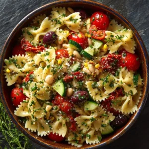 Colorful bowl of Vegan Pasta Salad with fresh vegetables and herbs