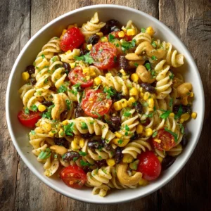 Colorful Vegan Southwest Pasta Salad with fresh vegetables and pasta