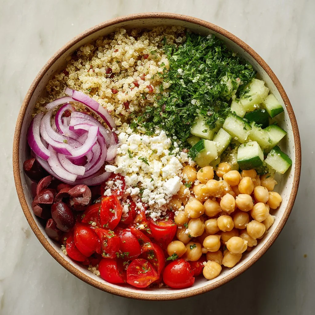 Colorful Vegetarian Mediterranean Quinoa Salad with fresh vegetables and herbs