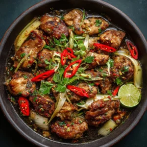 Plate of Vietnamese Lemongrass Chicken garnished with herbs and served with rice