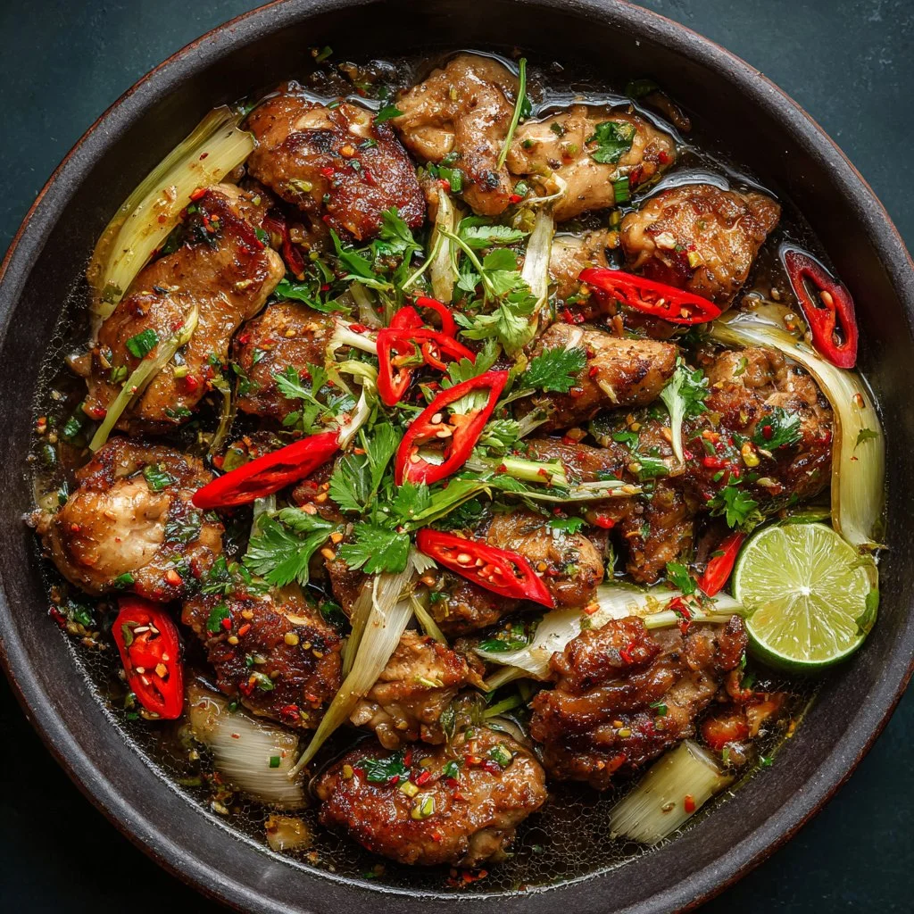 Plate of Vietnamese Lemongrass Chicken garnished with herbs and served with rice