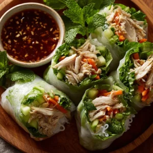 Healthy Vietnamese summer rolls with chicken, fresh vegetables, and herbs