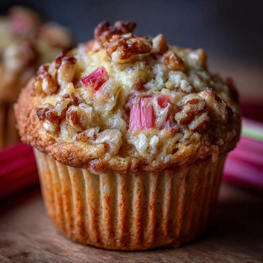 Freshly baked Walnut Rhubarb Muffins on a wooden table