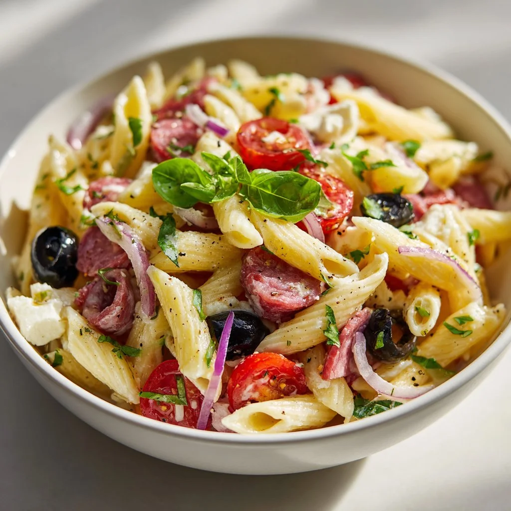 Colorful Zesty Italian Pasta Salad with vegetables and dressing