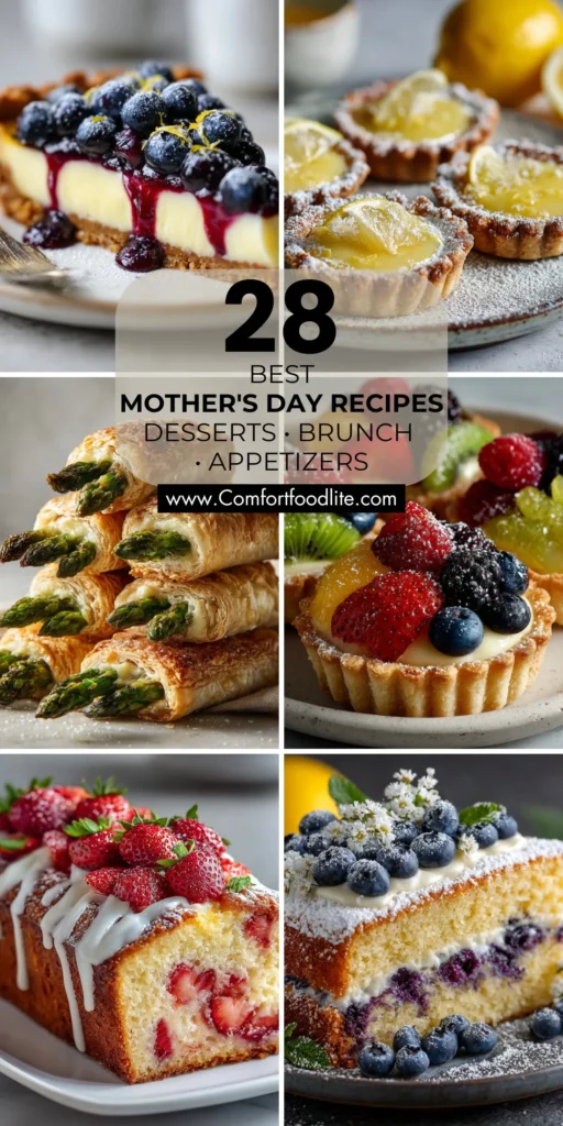 A variety of delicious Mother's Day recipes featuring desserts, brunch ideas, and appetizers.