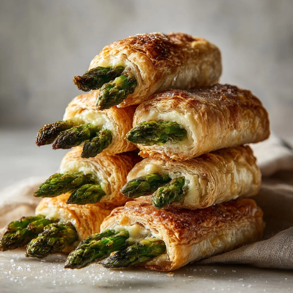 Asparagus Puff Pastry Bundles served on a plate, garnished and ready to eat.