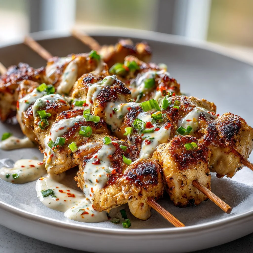 Delicious Bang Bang Chicken Skewers with spicy sauce