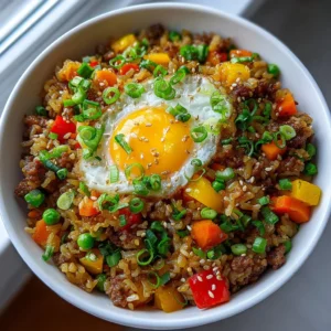 Plate of Bang-Bang Fried Rice garnished with vegetables and herbs