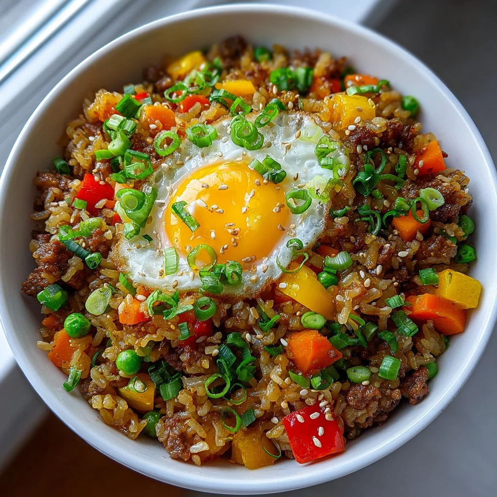 Plate of Bang-Bang Fried Rice garnished with vegetables and herbs