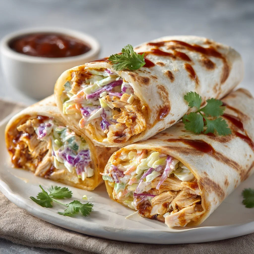 BBQ chicken coleslaw wraps served with fresh ingredients and vibrant colors.