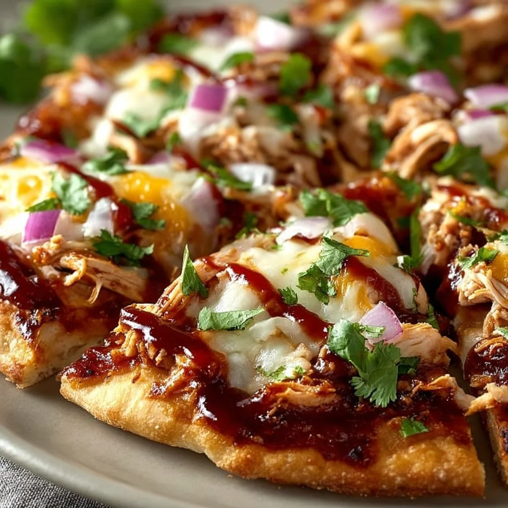 Delicious BBQ chicken flatbread topped with cheese and fresh herbs.