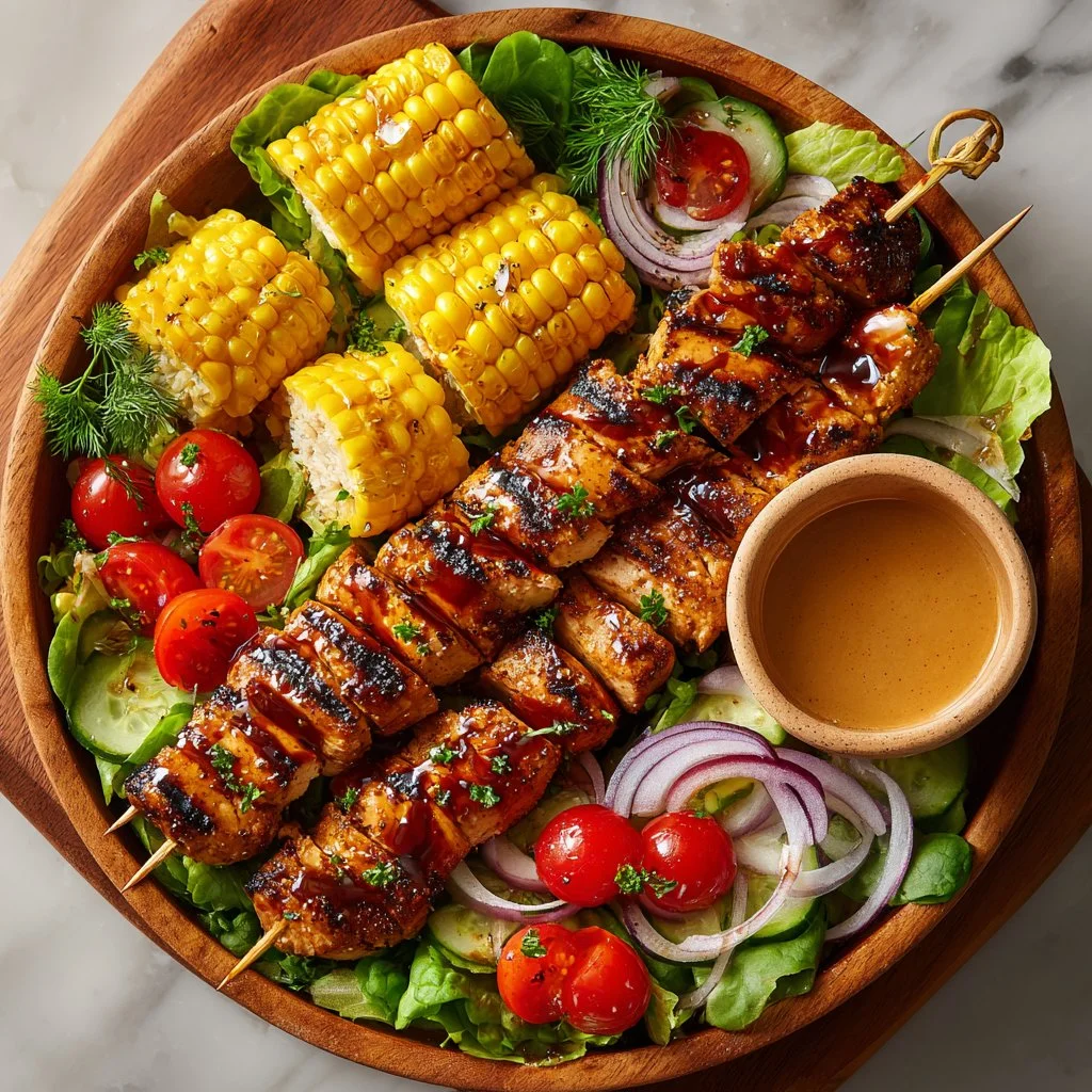 BBQ chicken skewer salad with fresh vegetables and vibrant dressing