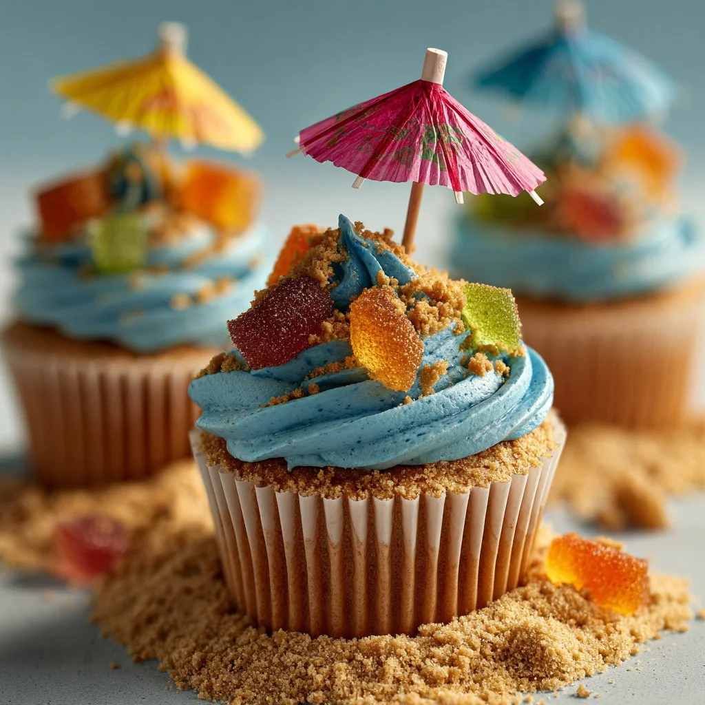 Fun and colorful beach cupcakes decorated with ocean-themed designs