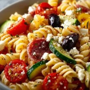 Colorful Italian pasta salad with veggies and light vinaigrette in a bowl