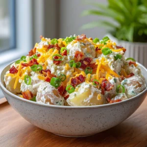 Delicious loaded potato salad with bacon, cheese, and green onions in a bowl
