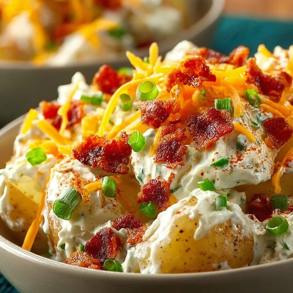 Delicious potato salad topped with crispy bacon and fresh herbs in a bowl.