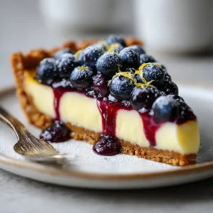 Blueberry and lemon curd tart topped with fresh blueberries and lemon zest.