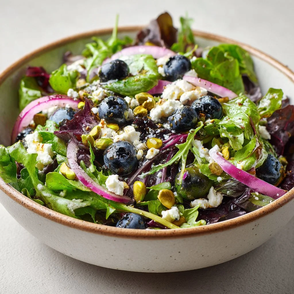 Healthy blueberry pistachio spring salad with fresh greens and fruits