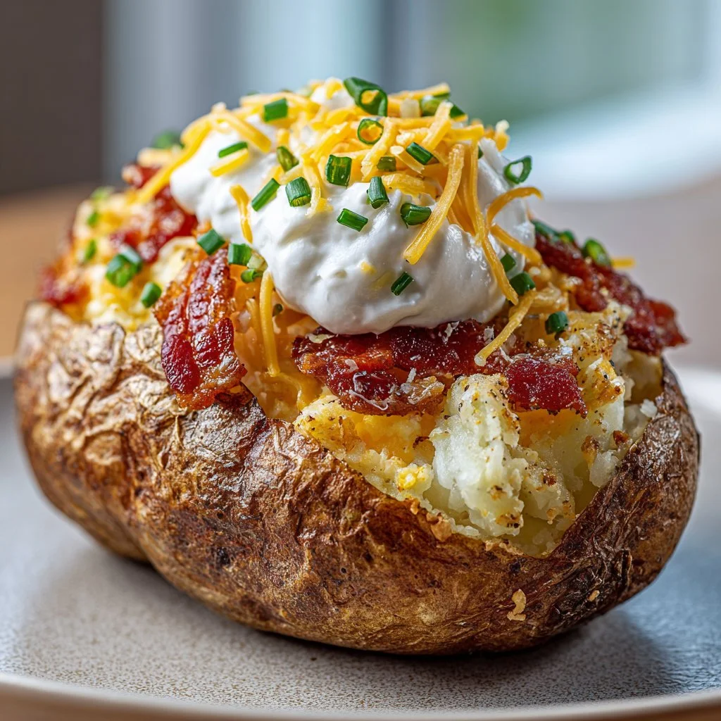 Delicious breakfast twice baked potato topped with cheese and herbs.