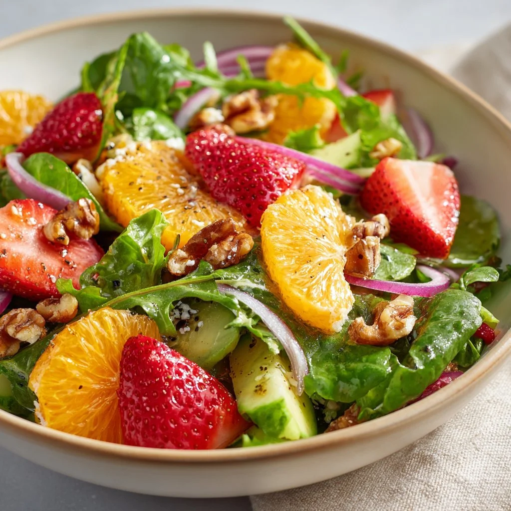 Bright spring salad with colorful vegetables and citrus vinaigrette dressing