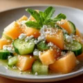 Cantaloupe melon salad with cucumber and feta cheese in a bowl.