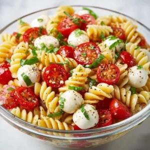 Delicious Caprese Pasta Salad featuring fresh tomatoes, mozzarella, and basil.