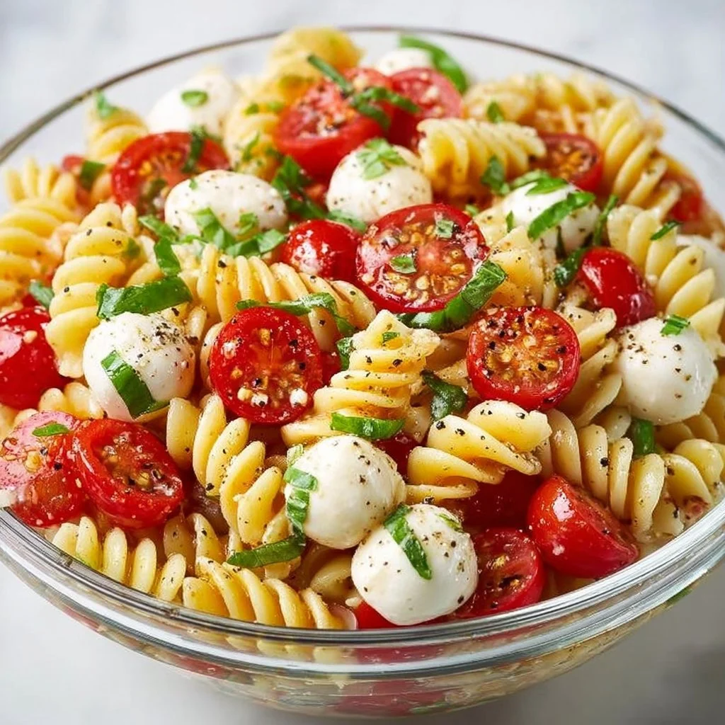 Delicious Caprese Pasta Salad featuring fresh tomatoes, mozzarella, and basil.