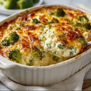 Healthy Chicken Broccoli Bake with cottage cheese ready for dinner.