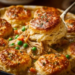 Delicious homemade chicken pot pie fresh out of the oven.