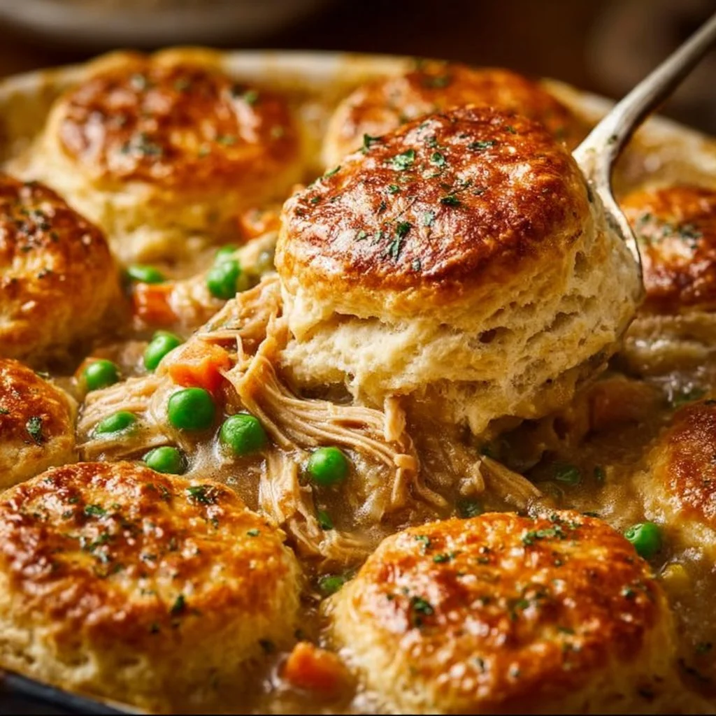 Delicious homemade chicken pot pie fresh out of the oven.