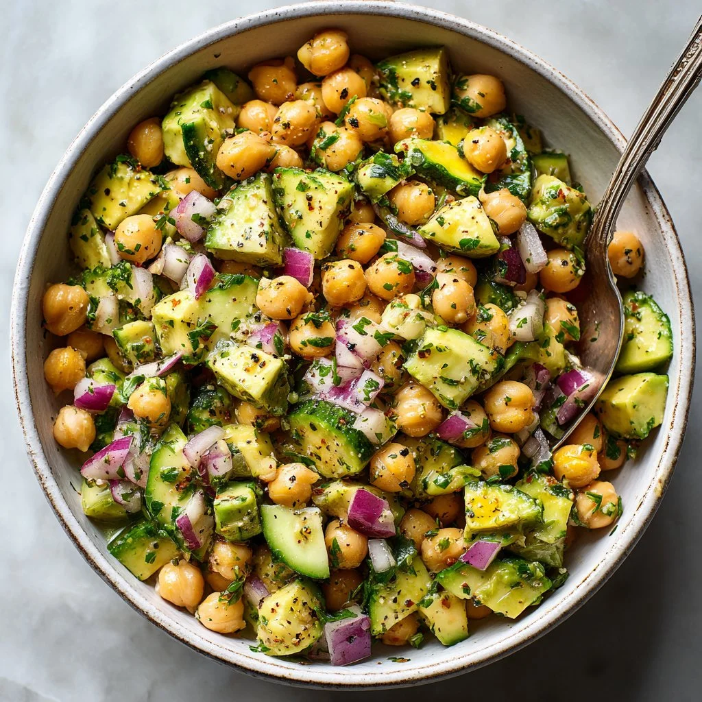 Chickpea Avocado Cucumber Salad with Lemon Dressing in a serving bowl