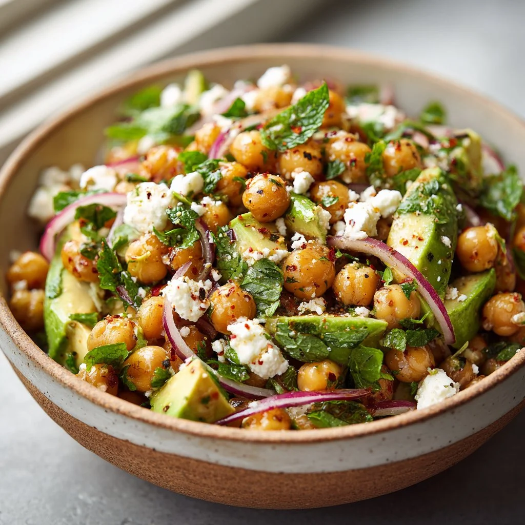 Chickpea Feta Avocado Salad with fresh vegetables and dressing