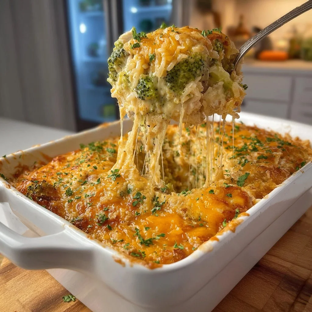 Delicious chicken broccoli rice casserole served in a bowl
