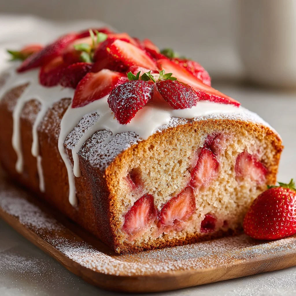 Slice of classic strawberry pound cake topped with fresh strawberries