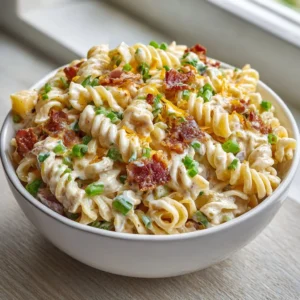 Creamy bacon cheddar ranch pasta salad served in a bowl for summer gatherings.