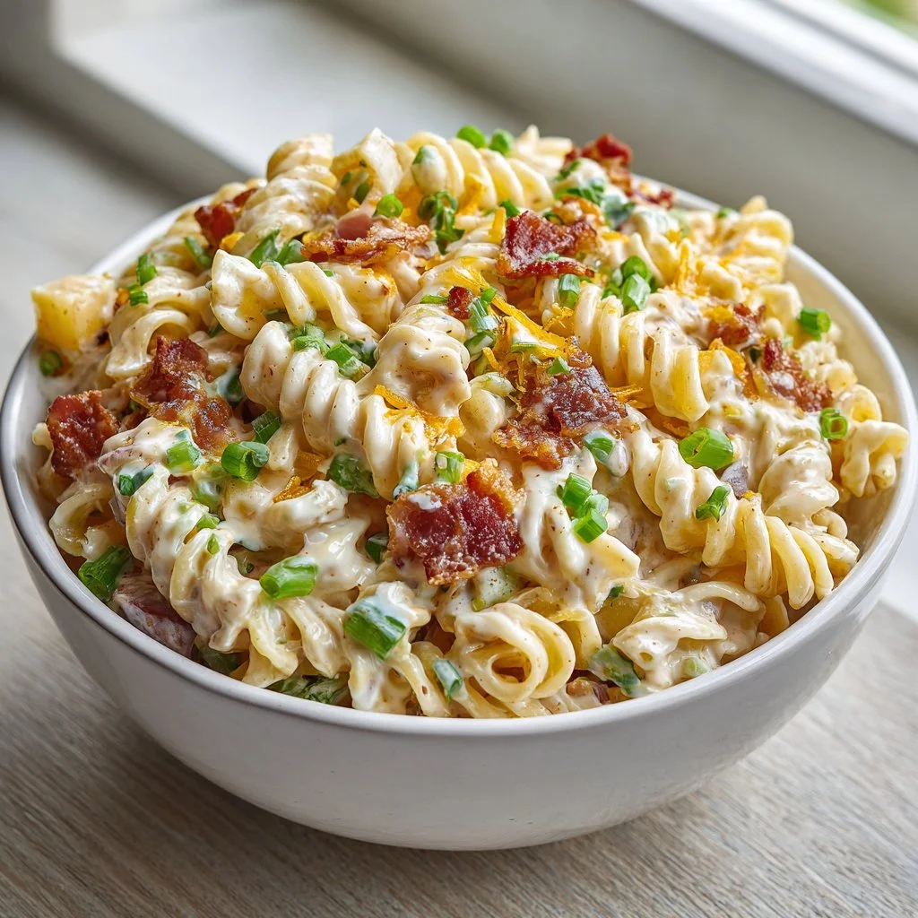 Creamy bacon cheddar ranch pasta salad served in a bowl for summer gatherings.