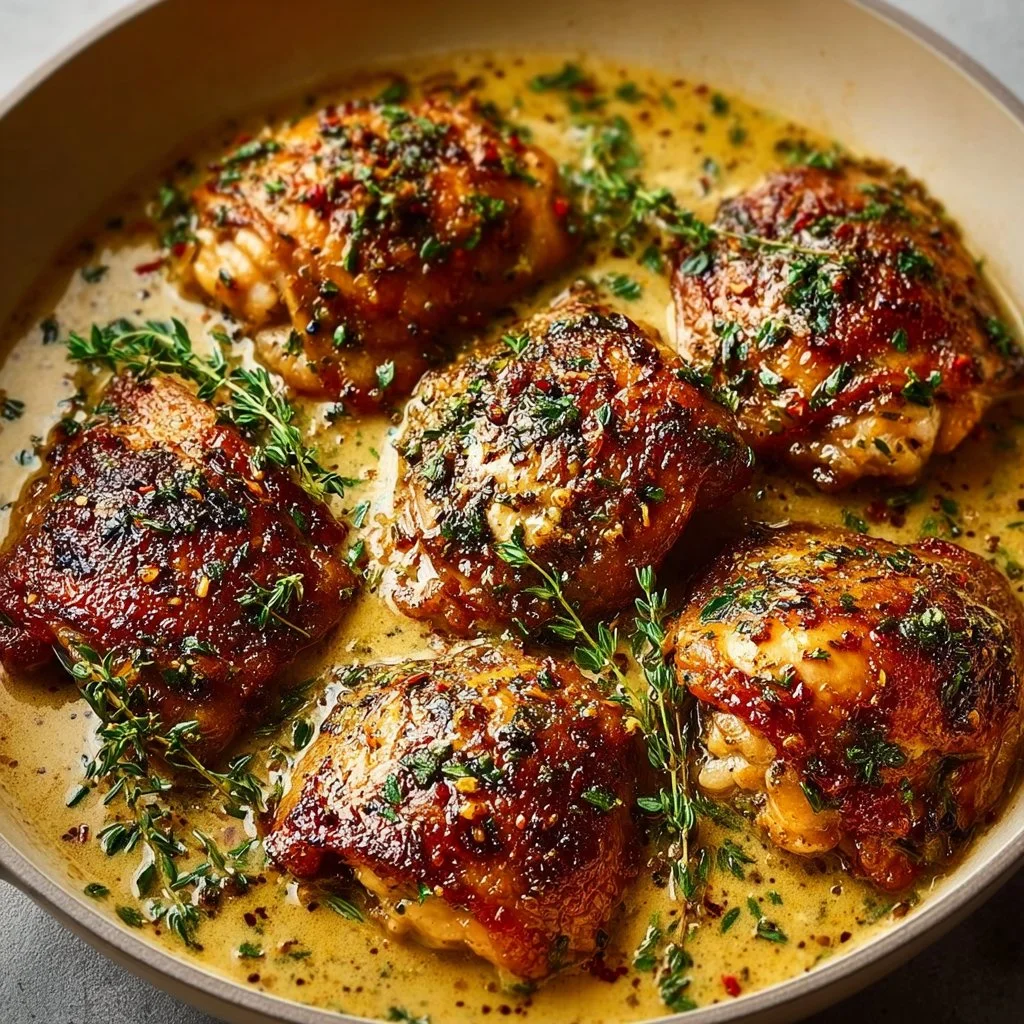 Creamy garlic chicken thighs recipe for an easy weeknight dinner.