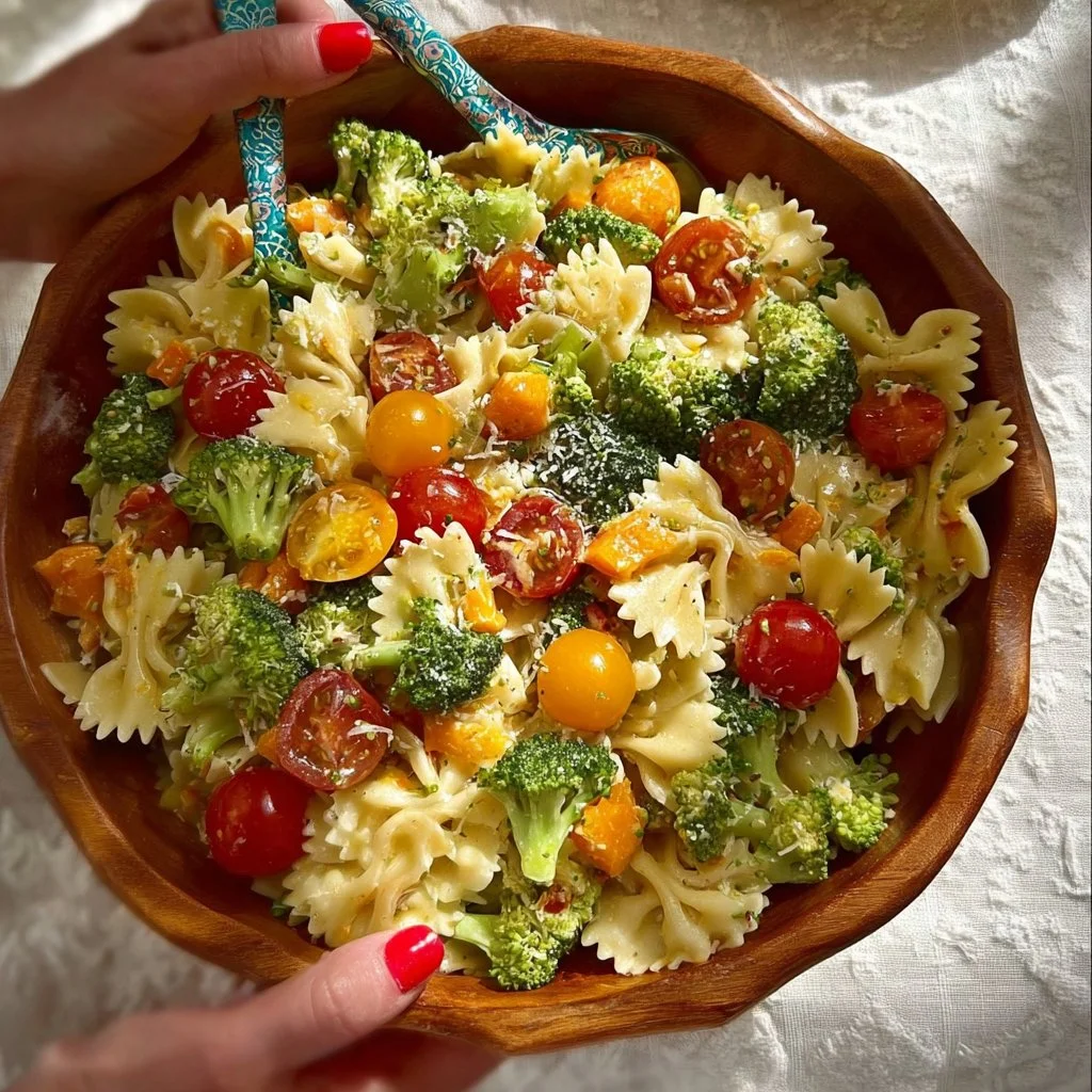 Creamy pasta salad recipe for summer potlucks served in a bowl