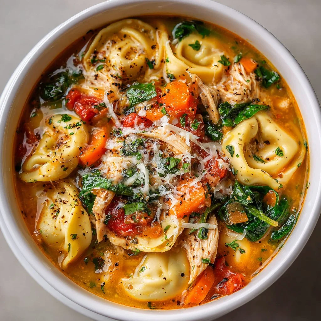 A bowl of hearty Crockpot Chicken Tortellini Soup garnished with parsley.