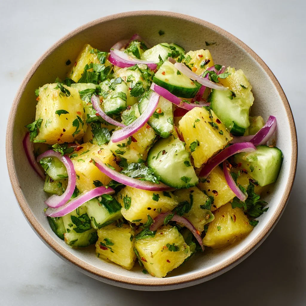 Crunchy pineapple cucumber salad with fresh ingredients served in a bowl.